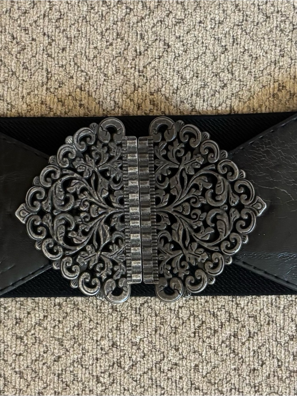 Black Wide Elastic Belt with Ornate Silver Filigree Buckle